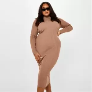 Image of I Saw It First Recycled Plus Size High Neck Rib Midaxi Dress - Brown