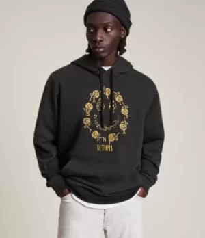 Image of AllSaints Mens Posie Pullover Hoodie, Jet Black, Size: M
