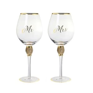 Image of Mr&Mrs Diamante Wine Glass Gold By Lesser & Pavey