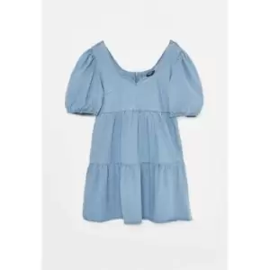 Image of Missguided Tiered Chambray Puff Sleeve Dress - Blue