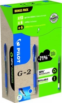 Image of Pilot Greenpack G-2 Gel 0.7mm Blue 12 Pens and 12 Refills