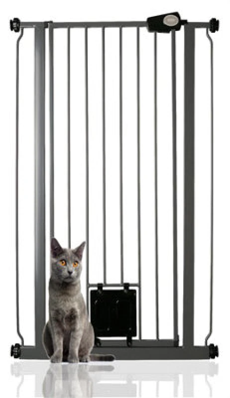 Image of Bettacare Pet Gate With Lockable Cat Flap, Narrow, 68.5Cm - 75Cm, Slate Grey, 104Cm In Height