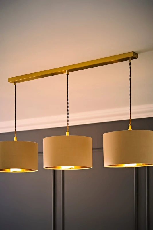 Image of ValueLights ValueLights Reni Metallic Drum Shade 3 Drop Bar Brushed Gold Diner Ceiling Light with Bulbs in Natural Natural One Size Unisex 50594060641