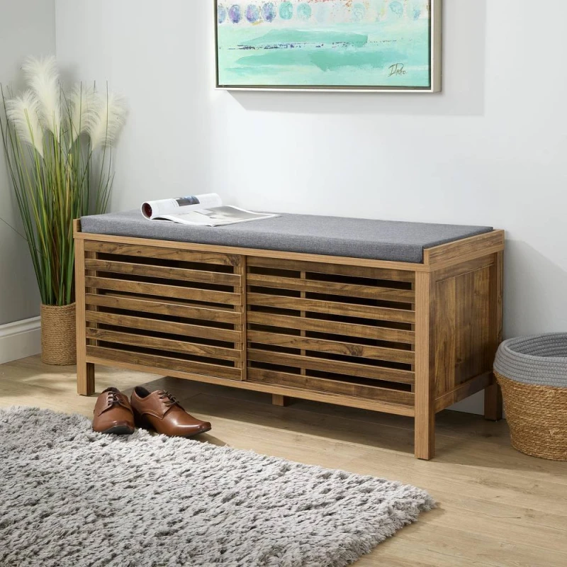 Image of Home Source Luna Shoe Bench Storage Cabinet With Cushion Padded Seat Sliding Doors in Brown Brown Unisex