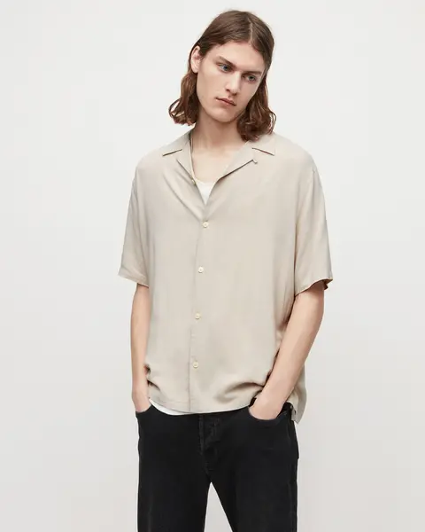 Image of AllSaints Herren Venice Kurzarm Hemd, Beige, Große: XXL