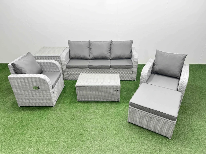 Image of Fimous PE Rattan Garden Furniture Set Reclining Chair Sofa Lounge Sofa Set Oblong Coffee Table Side Table Big Footstool Light Grey Light Grey