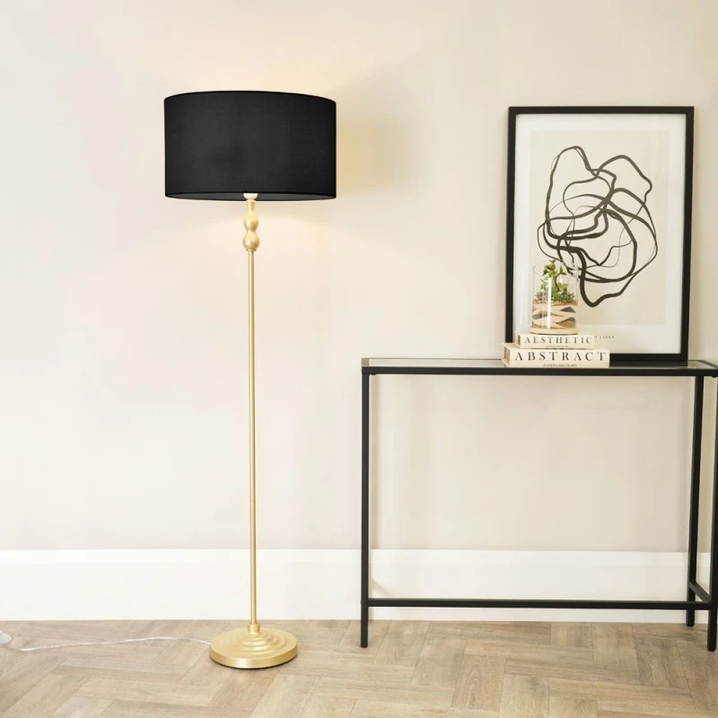 Image of ValueLights Maggie Gold Metal Candlestick Floor Lamp with Fabric Lamp Shade Black