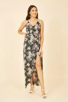 Image of Black Satin Floral Wrap Maxi Dress