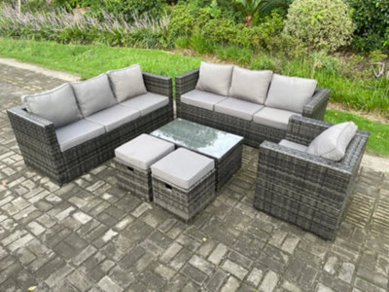 Image of Fimous Wicker PE Rattan Sofa Set Outdoor Patio Garden Furniture with Armchair Oblong Coffee Table Dark Grey Mixed Dark Grey