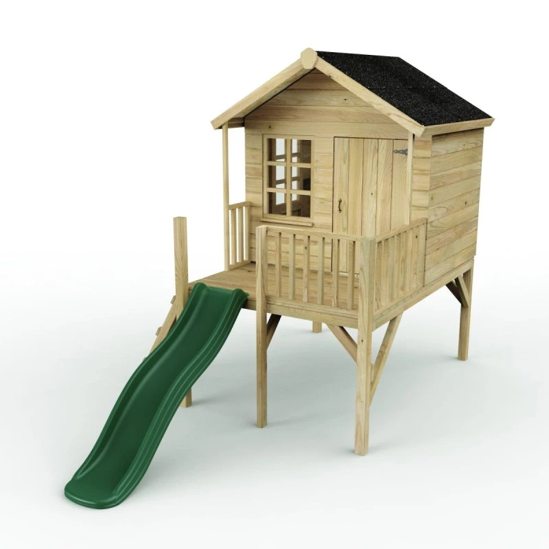 Image of Rebo 5ft x 5ft Wooden Garden Playhouse on Deck with 6ft Slide - Pheasant Green Natural