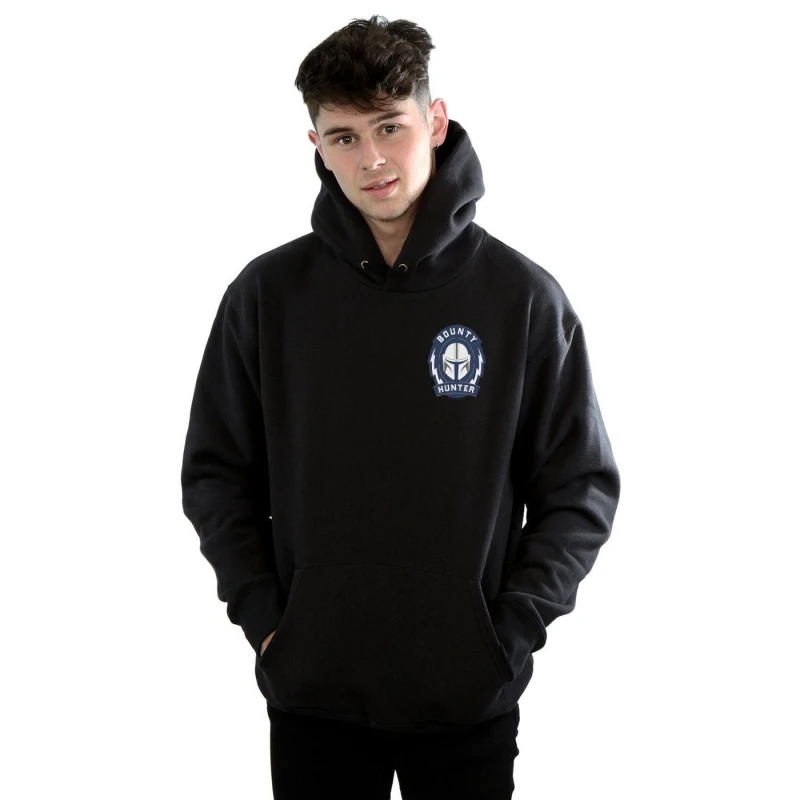 Image of Star Wars Star Wars Men The Mandalorian Bounty Hunter Badge Breast Print Hoodie in Black Size: Small Black S Male 5059400121025