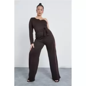 Image of I Saw It First Chocolate Plus Size One Shoulder Scuba Wide Leg Jumpsuit - Brown