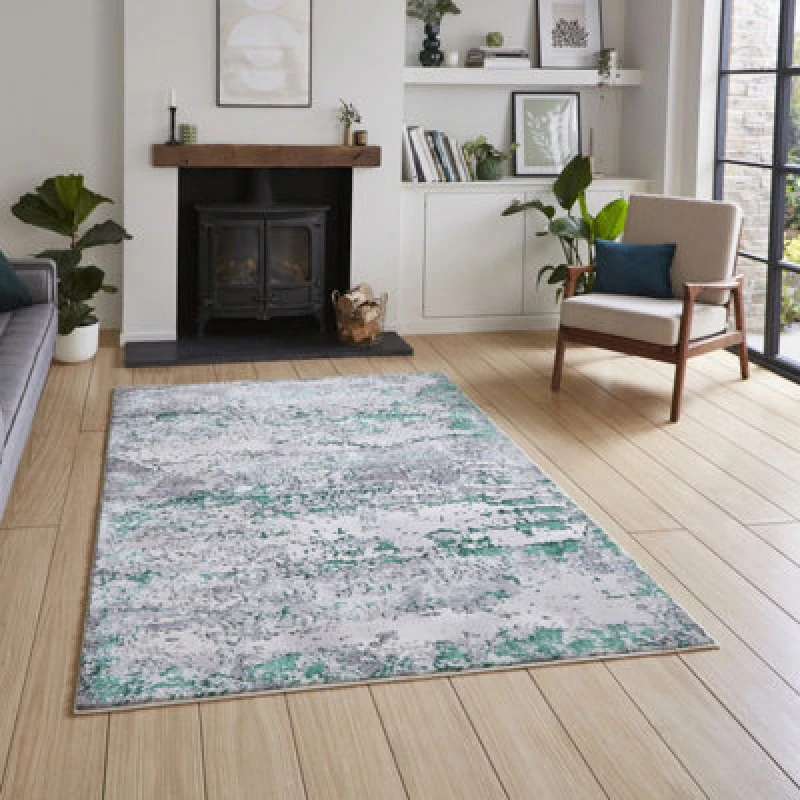 Image of Green Modern Abstract Easy To Clean Dining Room Bedroom & Living Room Rug-80Cm X 150Cm