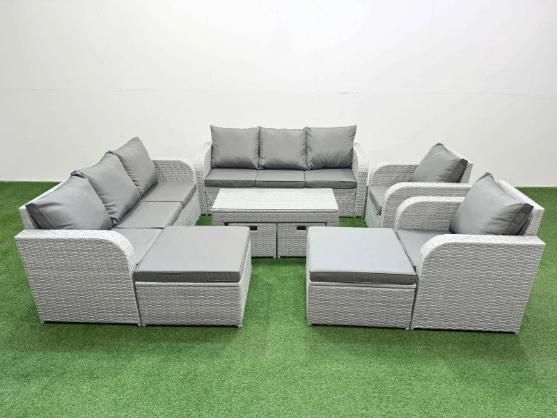 Image of Fimous PE Wicker Rattan Furniture Sofa Sets with Coffee Table 4 Stools in Light Grey Light Grey Unisex