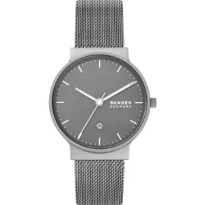 Image of Skagen Ancher Three-Hand Date Gunmetal-Tone Stainless Steel Mesh Watch