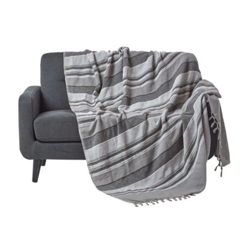 Image of Homescapes Cotton Morocco Striped Grey Throw, 150 X 200 Cm