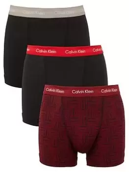 Image of Calvin Klein 3 Pack Cotton Stretch Trunks - Black/Burgundy Print, Multi, Size S, Men
