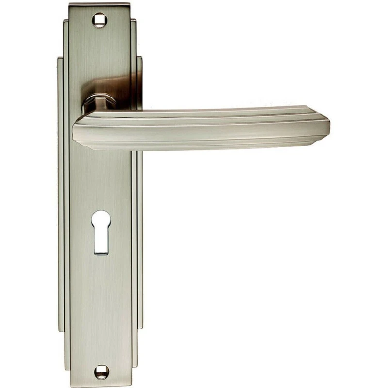 Image of Loops PAIR Line Detailed Handle on Lock Backplate 205 x 45mm Satin Nickel Metallics