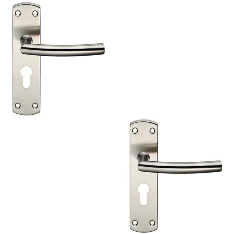 Image of Loops 2x Curved Bar Lever Door Handle on Euro Lock Backplate 172 x 44mm Satin Steel Metallics