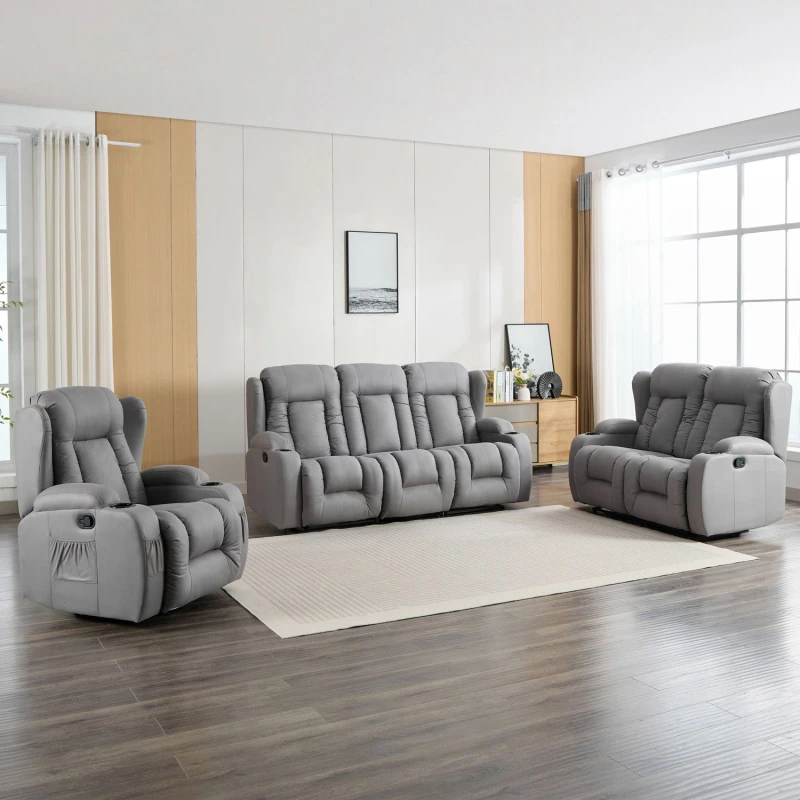 Image of More4Homes Caesar 1+2+3 Seater Grey Technology Fabric Modern Manual Recliner Sofa Set Grey