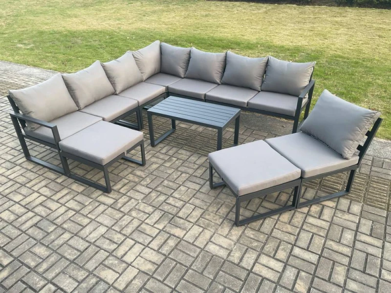 Image of Fimous Aluminium 10 Seater Patio Outdoor Garden Furniture Lounge Corner Sofa Set with Oblong Coffee Table 2 Big Footstools Dark Grey Dark Grey Unisex