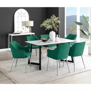 Image of Furniture Box Carson White Marble Effect Dining Table and 6 Green Calla Silver Leg Chairs