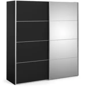 Image of Verona Sliding Wardrobe 180cm in Black Matt with Black Matt and Mirror Doors with 5 Shelves - Black Matt and Mirror