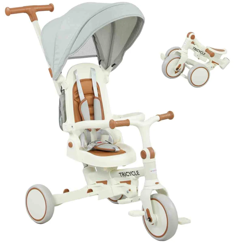 Image of AIYAPLAY 5 in 1 Foldable Kids Trike, Toddler Tricycle for 1-3 Years, Cream White, Cream 370-410V00CW