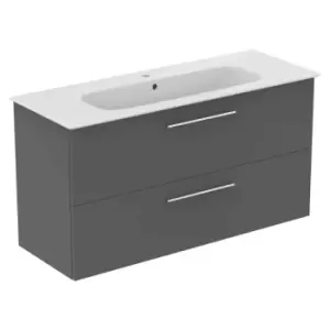 Image of Ideal Standard I.life A 120Cm Matt Quartz Grey Wall Hung Vanity Unit, 124Cm White Vanity Basin And Chrome Handle Pack