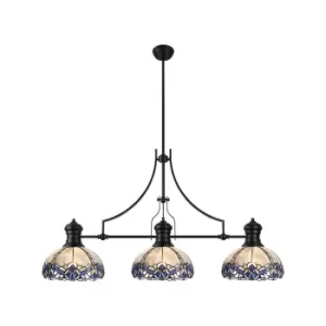 Image of Worcester, 3 Light Linear Ceiling Pendant E27 With 30cm Tiffany Shade, Matt Black, Blue, Clear Crystal