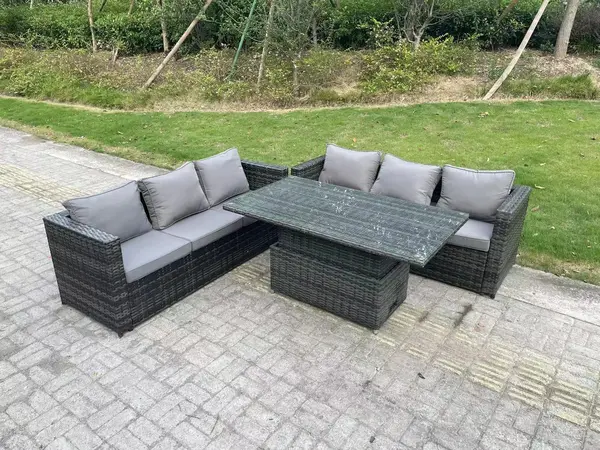 Image of Fimous 6 Seater Outdoor Dark Grey Rattan Lounge Complete Sofa Set with Adjustable Rising Lifting Dining Table