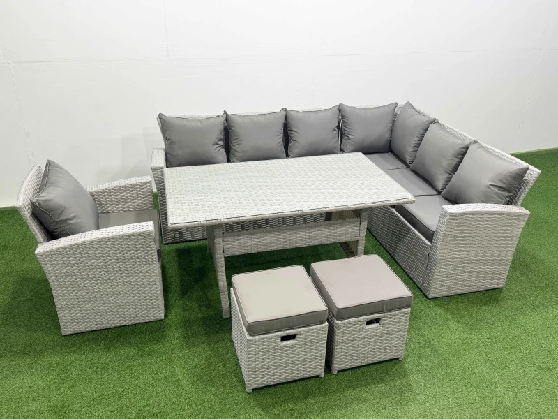Image of Fimous Rattan Garden Furniture Sets Outdoor 9 Seater Patio Dining Corner Sofa in Light Grey Light Grey Unisex