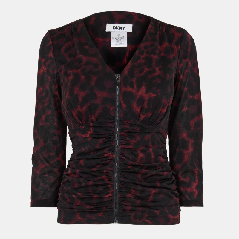 Image of DKNY Womens Long-Sleeve Zip T-Shirt Merlot Cheetah female 8 (XS)