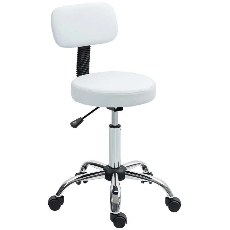 Image of HOMCOM Rolling Stool with Backrest, Wheels, Faux Leather Salon Chair White