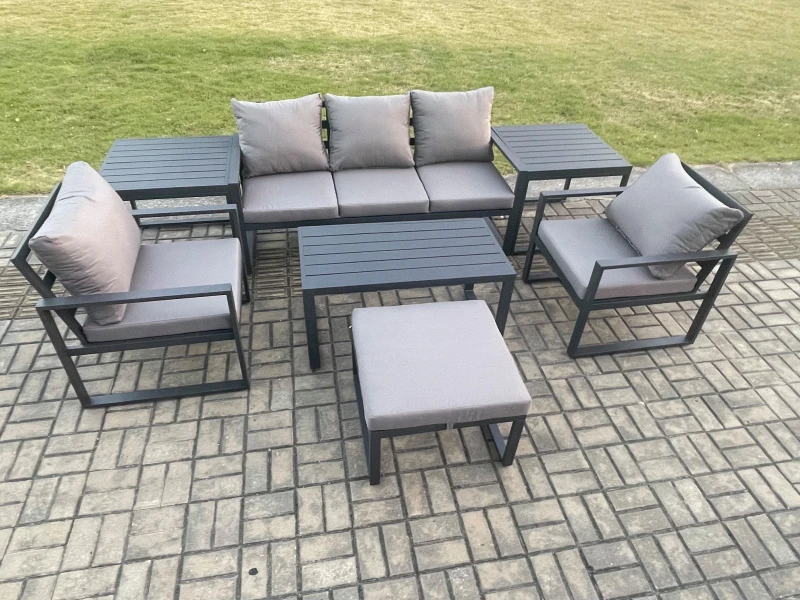 Image of Fimous Aluminium Outdoor Furniture Set 6 Seater Garden Sofa with Oblong Coffee Table Big Footstool 2 Armchairs 2 Side Tables Dark Grey Dark Grey Unise