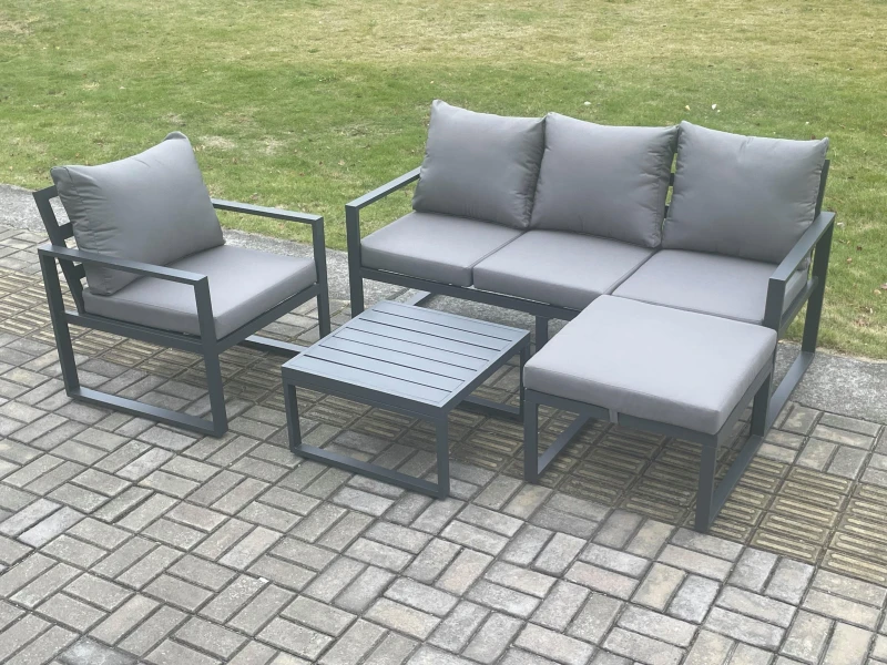 Image of Fimous Aluminium Outdoor Garden Furniture Set Lounge Sofa Chair Square Coffee Table Sets with Big Footstool Dark Grey Dark Grey Unisex