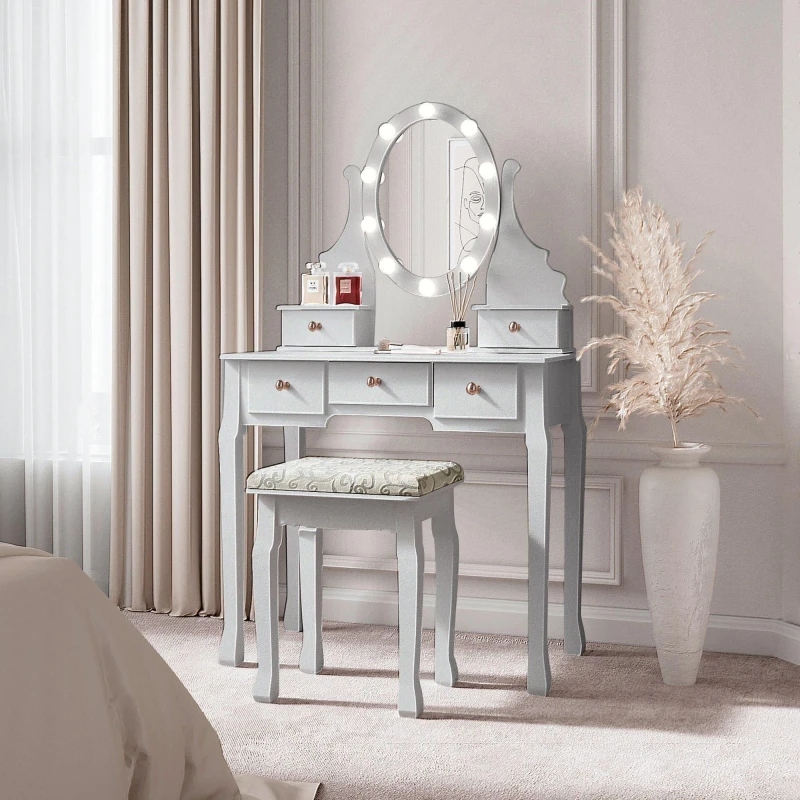 Image of CARME HOME Ruby Rozanna Grey Vanity Dresser Stool Set with Hollywood LED Mirror Lights Grey