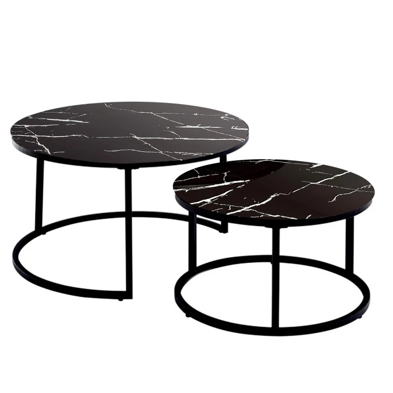 Image of KOSY KOALA Round Coffee Table Set of 2 Nest of Tables Marble Glass Coffee Table Living Room Black