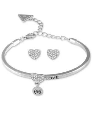 Image of Guess Silver Tone & Leather Crystal Heart Bangle