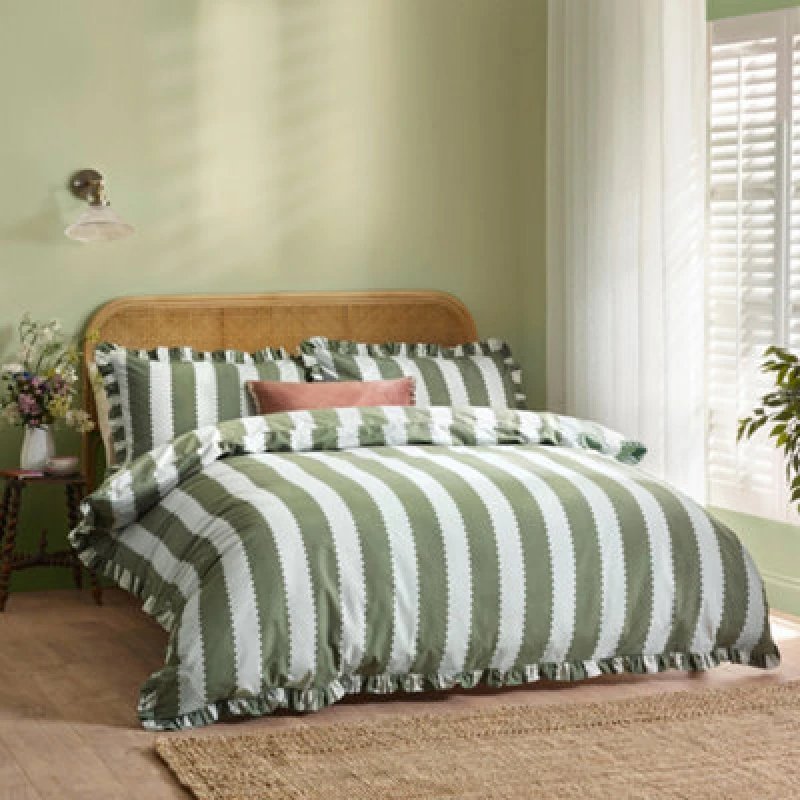Image of Wylder Birdie Stripe Ruffle Duvet Set, Bay Green/mist, Double
