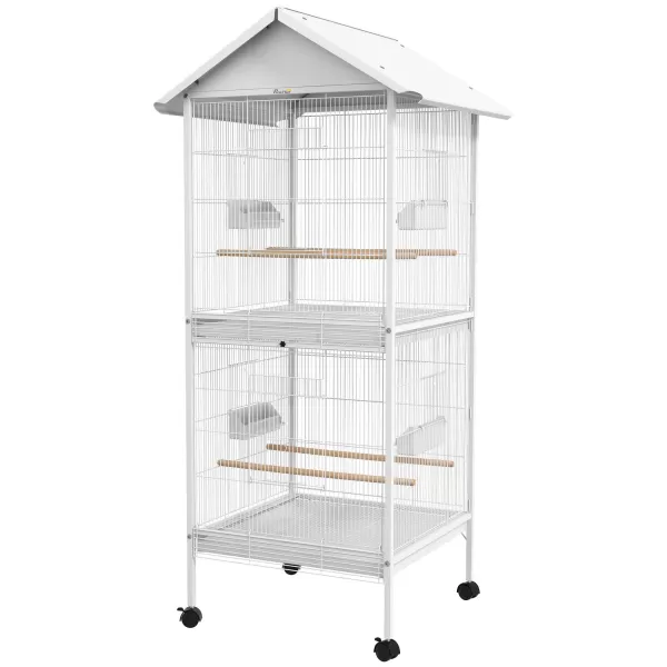 Image of PawHut Budgie Cage with Rolling Stand, Perches, Wheels, Large Parrot Cage for Finch, Canary, Budgie, Cockatiel, White