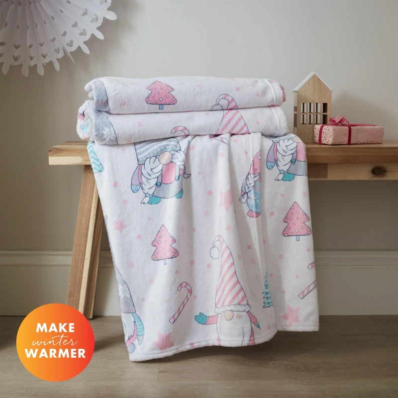 Image of Catherine Lansfield Festive Gnomes 130cm x 170cm Throw Pink