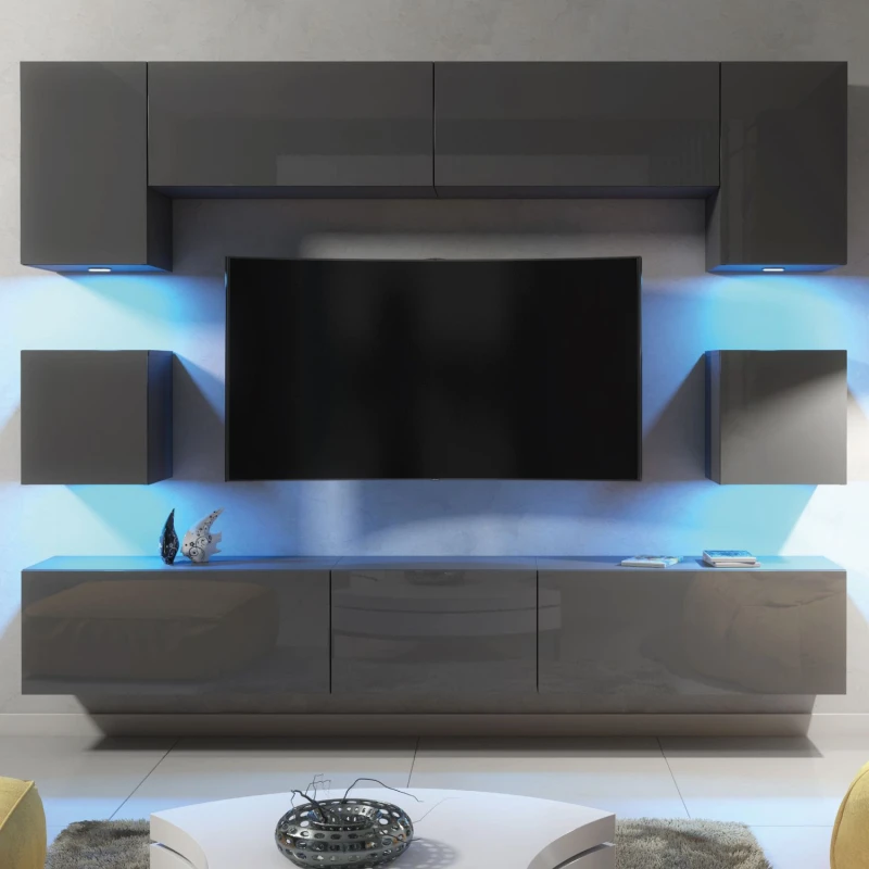 Image of Mex Furniture LTD TV Wall Unit with LED Lighting & Gloss Doors / 242cm in Dark Grey Dark Grey Unisex