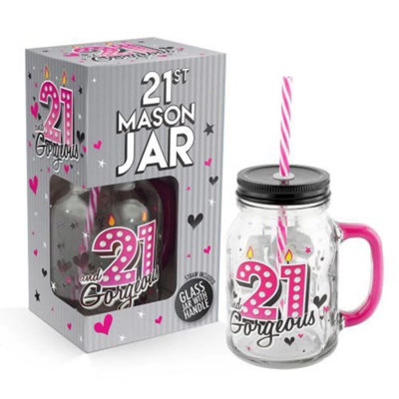 Image of Happy Homewares 21St Birthday Mason Jar With Metal Lid Glass Handle And Pink/white Straw