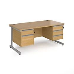 Image of Dams International Straight Desk with Oak Coloured MFC Top and Silver Frame Cantilever Legs and Two & Three Lockable Drawer Pedestals Contract 25 1600