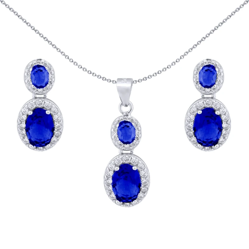 Image of Jewelco London Silver Blue CZ Royal Princess Kate Halo Earrings & Necklace Set - AEP001B Silver female