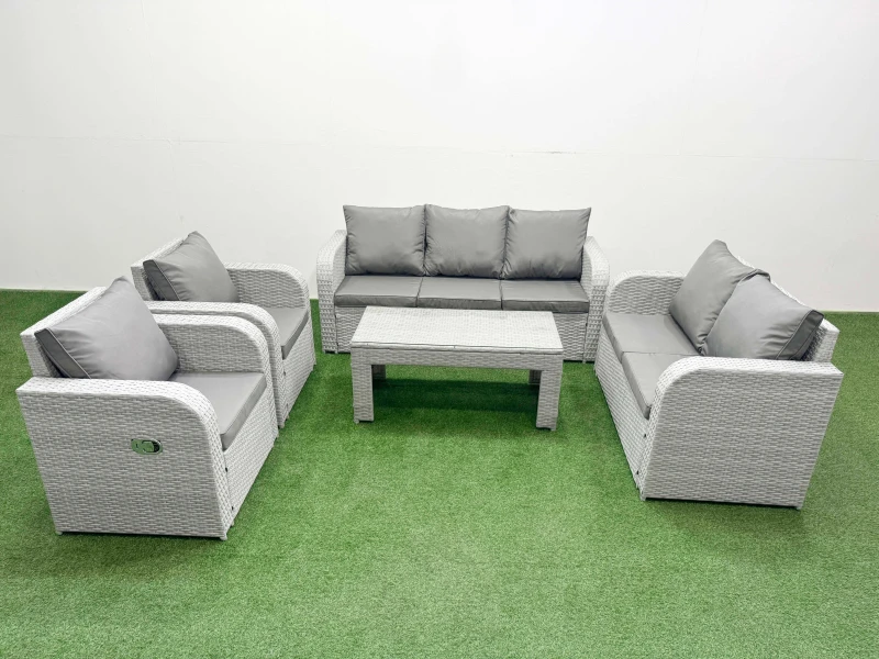 Image of Fimous PE Rattan Garden Furniture Set Adjustable Chair Sofa Double Love Seat 2 Seater Sofa Lounge Set Rectangular Coffee Table Light Grey Light Grey