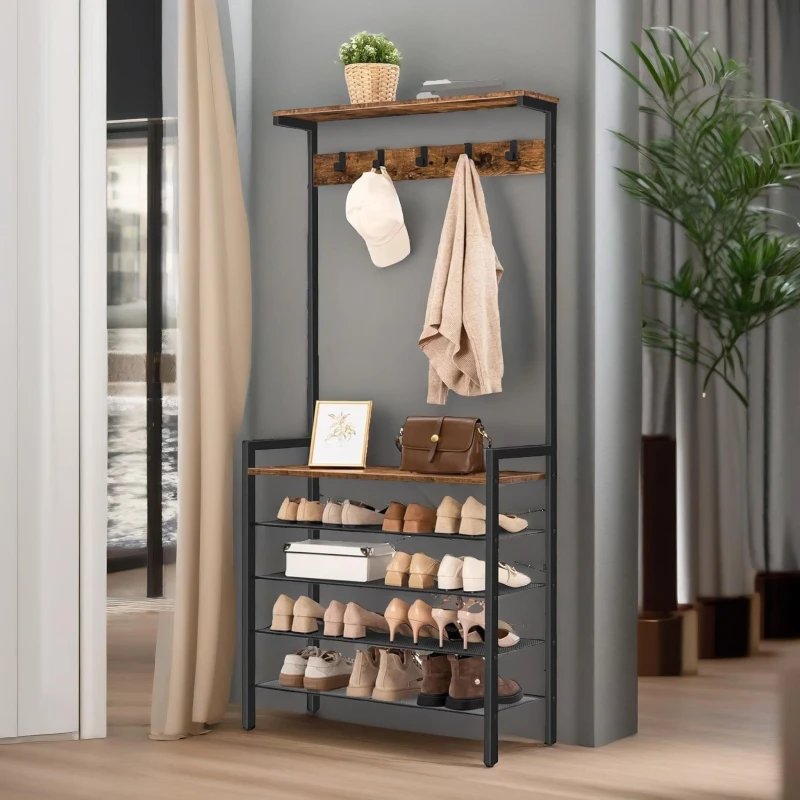 Image of Rafaelo Mobilia Industrial Hall Tree Large Hall Stand in Brown Brown Unisex