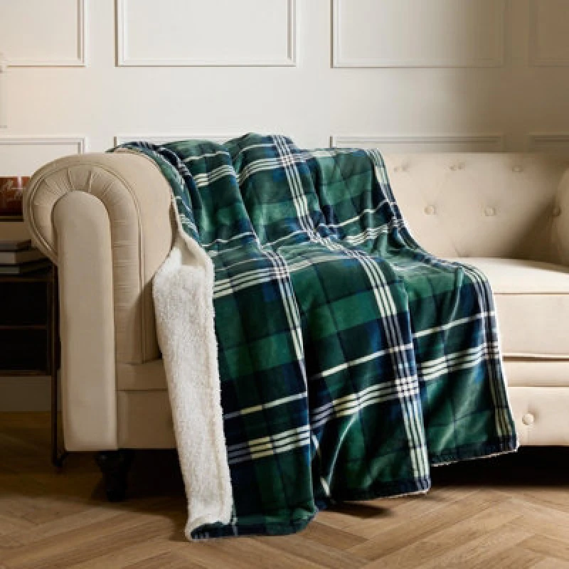 Image of OHS OHS Flannel Check Sherpa Fleece Soft Warm Throw in Dark Navy Size: 130cm x 160cm Dark Navy 130cm x 160cm Unisex 5027434192311