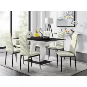 Image of Furniturebox UK - Furniturebox Giovani 6 Black Dining Table & 6 Cream Milan Velvet Dining Chairs With Black Legs Diamond Stitch Modern Contemporary